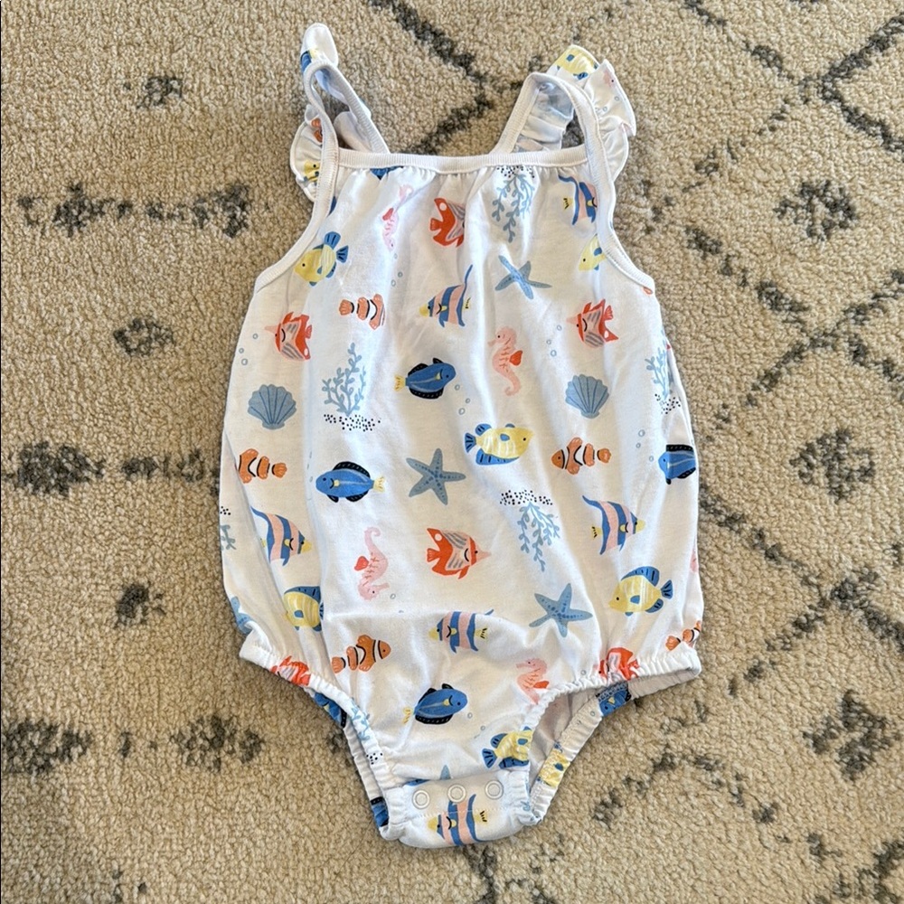 White and Blue One Piece Swim with Sea Creature Print